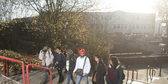 International students run up the stairs together.