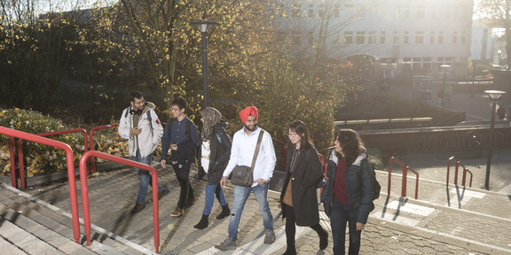 Internationale Studierende laufen zusammen die Treppe hoch.