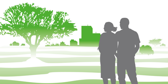 SPRING Tree Illustation of people looking at a tree standing in front of a city.
