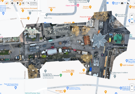 Foto einer halben Google-Maps Ansicht der Kampstr. die zum Teil durch Drohnenfotos ersetzt ist.