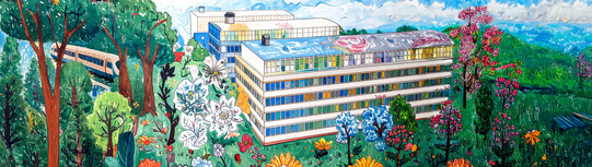 Wachsmalbild des Campus Süd erstellt mit Adobe Firefly