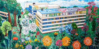 Wachsmalbild des Campus Süd erstellt mit Adobe Firefly