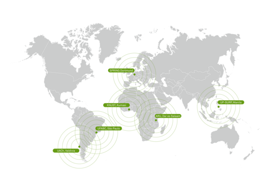 [Translate to English:] World map with the marked countries of the SPRING partner universities.