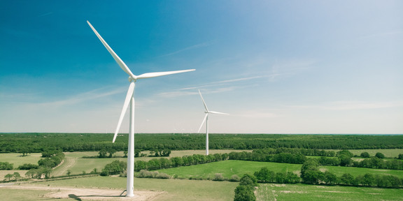 Windräder an Grünlandschaft