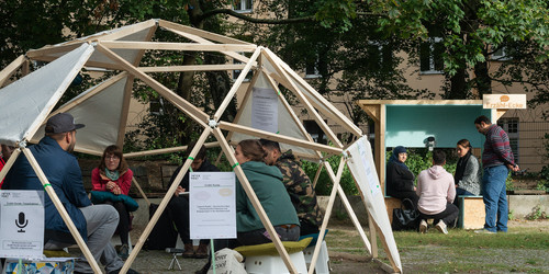 Dome scaffolding made of wood on research festival.
