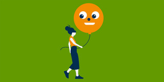 Illustration einer Person mit einem lächelnden Luftballon in der Hand.