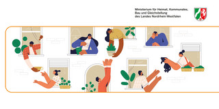Fachforum Illustration von Leuten die sich an der Hauswand Dinge überreichen.