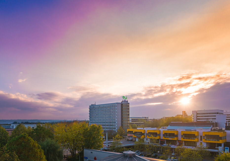 Sunset over the buildings of the North Campus of the TU Dortmund University.