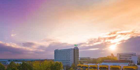 Sunset over the buildings of the North Campus of the TU Dortmund University.